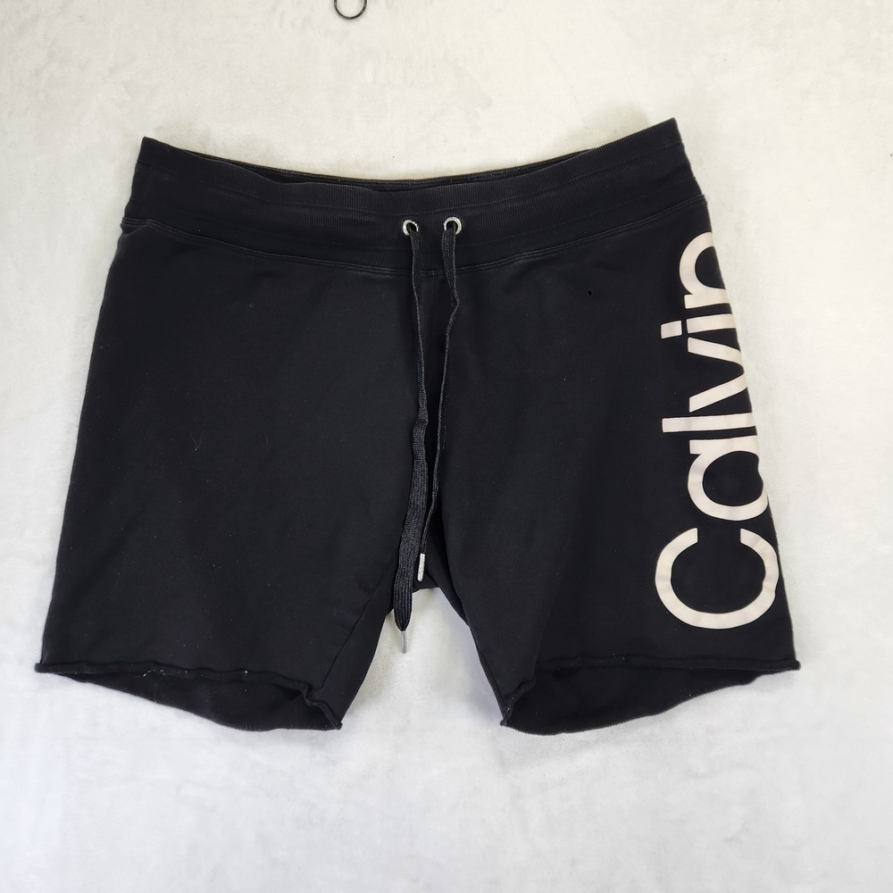 Calvin Klein Performance Men‎ Black Logo Sweat Shorts Size 1X Drawstring Raw Hem